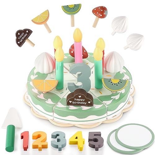 GAGAKU Geburtstagskuchen Kinderküche Zubehör 30PCS Holz Lebensmittel Spielzeug Geschenk für Kinder ab 3 Jahre von GAGAKU