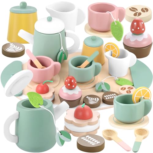 GAGAKU Hölz Teeset für Kleinkinder Hölzernes Kaffee Nachmittagsteeset Spielküche Spielzeug Küchenzubehör Pretend Play Food Teesets Holzspielzeug Geschenke für Kinder Mädchen von GAGAKU