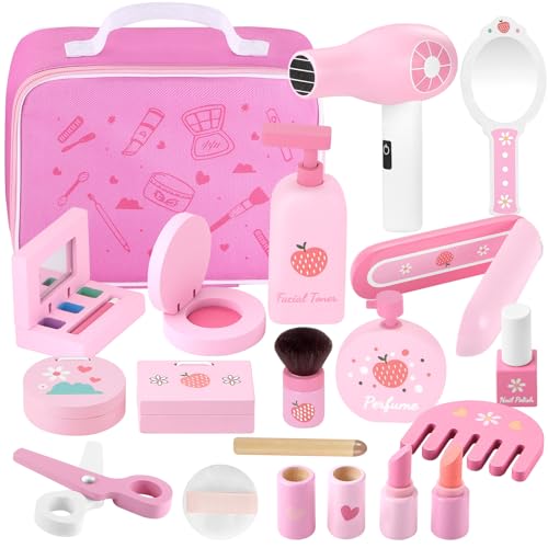 GAGAKU Holz Kinderschminke Set Mädchen Schminkkoffer Kinder 16-teiliges Schminke Friseur Beauty Set Frisierkoffer Spielzeug für Kinder Holzschminke Geburtstagsgeschenk ab 3 4 5 6 7 Jahre von GAGAKU