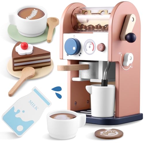 GAGAKU Kaffeemaschine Kinder Holz mit Sound 15 Teile Kinderküche Spielzeug mit Geräusch Kinderkaffee Kinder Küche Spielküchen Zubehör Kaffeemühle Geschenke für Jungen und Mädchen ab 3 Jahre von GAGAKU