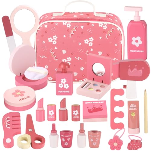 GAGAKU Holz Schminke für Kinder 4-in-1 Kinderschminke Set Mädchen 19-teiliges Schminkkoffer Friseur Set Kinder Nagelstudio Frisierkoffer Spielzeug Holzschminke Geburtstags Geschenk ab 3 4 5 6 7 Jahre von GAGAKU