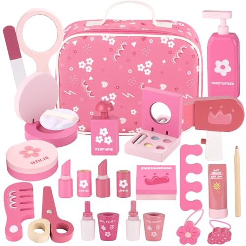 GAGAKU Holz Schminke für Kinder 4-in-1 Kinderschminke Set Mädchen 19-teiliges Schminkkoffer Friseur Set Kinder Nagelstudio Frisierkoffer Spielzeug Holzschminke Geburtstags Geschenk ab 3 4 5 6 7 Jahre von GAGAKU