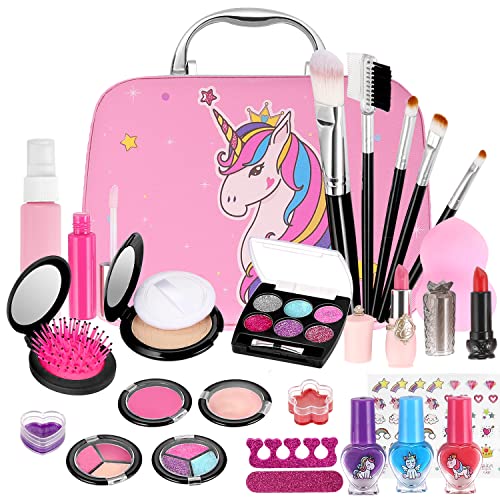 GAGAKU Kinderschminke Set Mädchen, 27PCS Waschbar Schminke Kinder Schminkkoffer Spielzeug Kindern Makeup Set Rollenspiel Kosmetik Spielzeug Weihnachten Geschenk für Mädchen 4 5 6 7 8 Jahre von GAGAKU