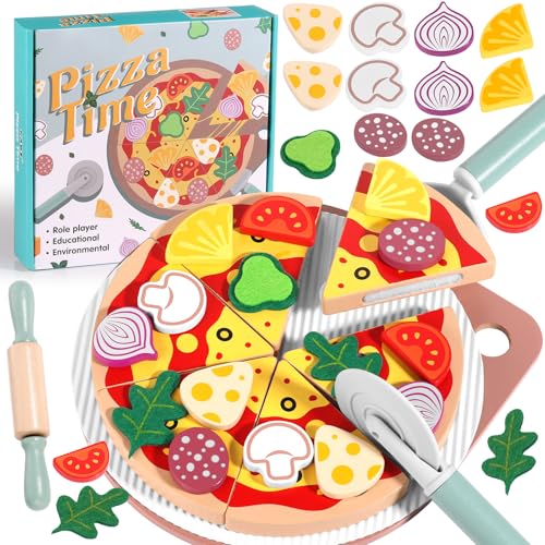 GAGAKU Kinderküche Zubehör Pizza Set Holz - 27 Teiliges Spielküche Pizza Spielzeug für Kinder 3-8 Pizza Set Holz Kinderküche Zubehör Pädagogisches Rollenspiel Lernspielzeug Geschenk von GAGAKU