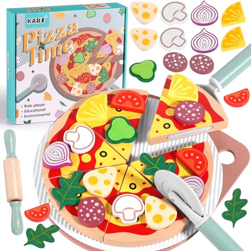 GAGAKU Kinderküche Zubehör Pizza Set Holz - 27 Teiliges Spielküche Pizza Spielzeug für Kinder 3-8 Pizza Set Holz Kinderküche Zubehör Pädagogisches Rollenspiel Lernspielzeug Geschenk von GAGAKU