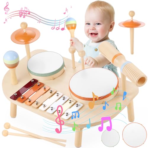 GAGAKU Musikinstrumente für Kinder - Baby Holzspielzeug Schlagzeug 6 In 1 Holz Xylophon Trommel Set Montessori Schlaginstrumente Spielzeug Musikspielzeug ab 1 Jahre von GAGAKU