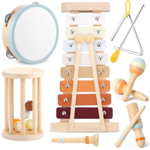 GAGAKU Musikinstrumente Kinder ab 1 Jahre 7-IN-1 Montessori Spielzeug Musikspielzeug Holz Xylophon Baby Trommel Holzspielzeug Kinderspielzeug - 12 Stück von GAGAKU