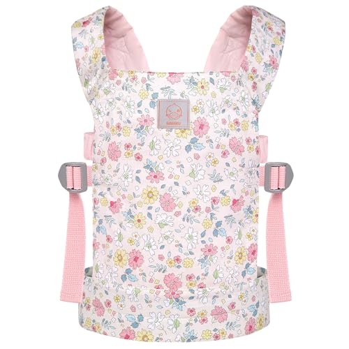 GAGAKU Puppentrage Babytrage Puppe Zubehör ab 3 Jahre Kinder 100% Baumwolle Puppentrage Kleinkind Puppen Trage Bauchtrage Kuscheltiertrage Puppentragetasche - Rose - Dianthusblumen von GAGAKU