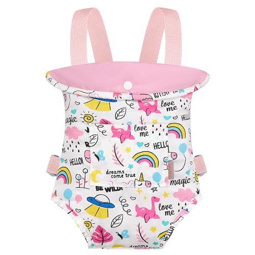 GAGAKU Puppentrage Kinder Babypuppentrage Kreuzen Schultergurte Babypuppen Zubehör Vorne und Hinten Babytrage Puppe Stofftiertrage Puppenwiege Tasche - Rose - Regenbogen Freizeitpark von GAGAKU