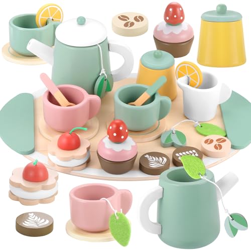 GAGAKU Teeservice Kinder Holz - Teeservice Kinderküche Zubehör Tee Set Holzspielzeug Kinder Kaffeeservice Küchenzubehör Geschirrset Rollenspiel Geschenke für Kinder Mädchen von GAGAKU