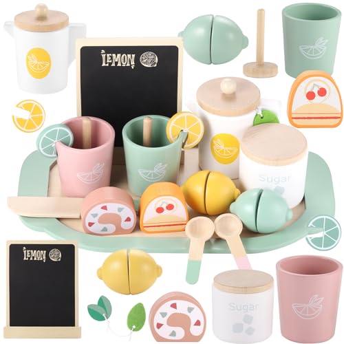 GAGAKU Teeservice Kinder Teeset aus Holz hölzerne Kaffee Nachmittagstee Spiel Lebensmittel hölzerne Tee-Set für Kleinkinder Zitrone Tee-Set Pretend Play Küche Zubehör von GAGAKU