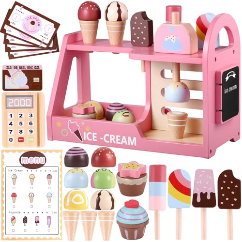 GAGAKU hölzerne Eiscreme Spiel Set Pretend Play Küche Spielzeug Eiscreme Spielzeug für Kleinkinder Eiscreme Shop Playset Play Store Geschenke Spielzeug für 3 4 5 6 7 8+ Jahr alte Mädchen Jungen von GAGAKU