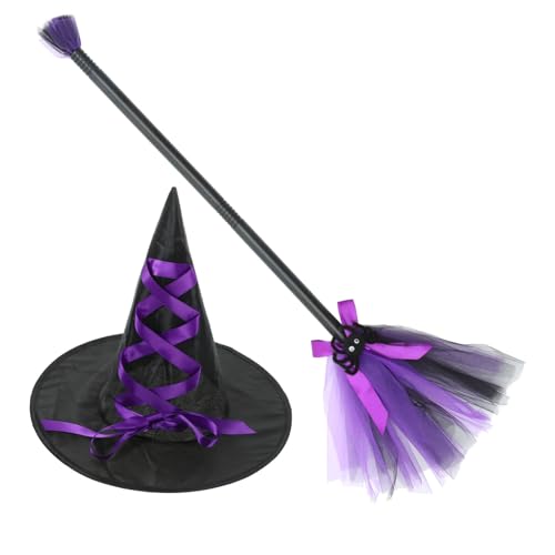 GALPADA 1 Satz Besen Hexenhut Hexenbesenstiel Hexenhut für Frauen Hexenmützen Hexendekor halloween costume halloween kleidung Hexenhut für die Party Hexenbesen und Hutset Plastik Violett von GALPADA