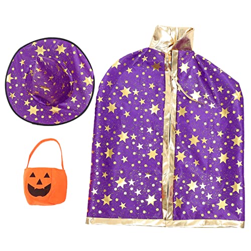 GALPADA 1 Satz Halloween-umhang Halloween-kürbishut Halloween-cosplay-kostüme Halloween-hüte Und Umhänge Kinder Umhang Halloween-zaubererkostüm Mit Kapuze Kürbistasche Violett Satin von GALPADA