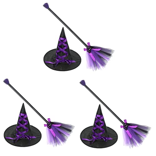 GALPADA 3 Sätze Besen Hexenhut Halloween-Requisiten Halloween-Besenstiel-Spielzeug Hexenmützen halloween costume halloween kleidung Party-Hexenhut Hexenhut für Frauen Stoff Violett von GALPADA