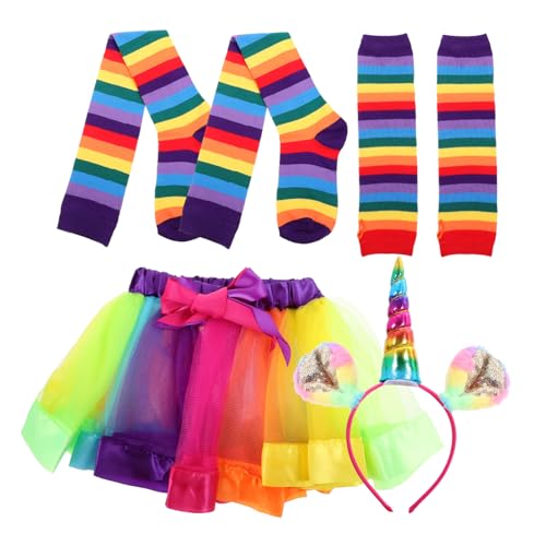 GALPADA 4 Teiliges Regenbogen Tutu Kleidungsset Für ädchen Inklusive Tutu Rock änge 28cm Handflächenlange Handschuhe Kniestrümpfe Und Einhorn Haarreif Perfekt Für Partys Und von GALPADA