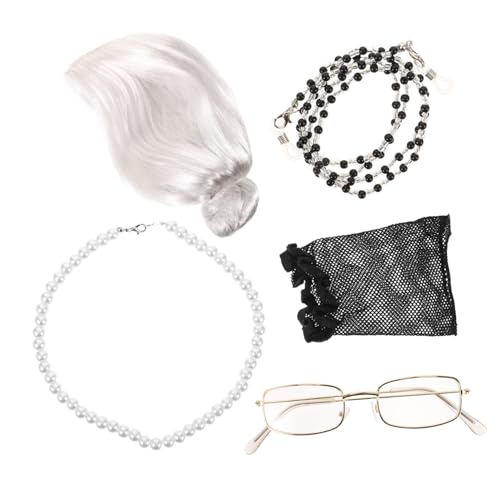 GALPADA 4 Teiliges Set Für Erwachsene Alte Dame Kostüm Alte Dame Kostüm Für Damen Oma Kostüm Oma Oma Graue Perücke Alte Dame Brille Cosplay Kostüme Alte Dame Perücke Oma von GALPADA