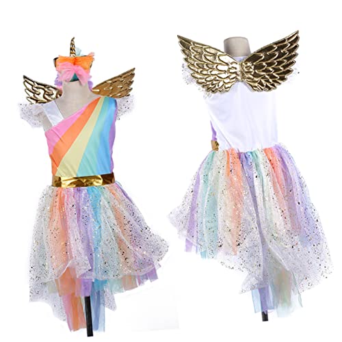 GALPADA Einzigartiges Einhorn Kleid Für ädchen Buntes Kostü Für Halloween Karneval Und Partys 110 Mit Kopfband Und Flügeln Kinderbekleidung Für Besondere Anlässe von GALPADA