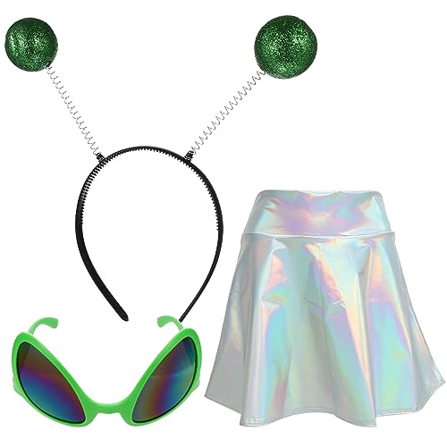 GALPADA Damen Metallic Rock Alien Gläser Alien Stirnband Antenna Ball Bopper Glänzender Holographischer Rock Mini Kleid Halloween Alien Kostüm für Mädchen Dame Erwachsene Kinder Kinder von GALPADA