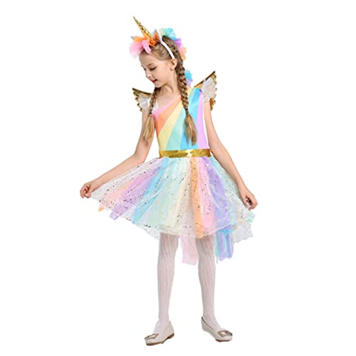 GALPADA Festliches Mädchen Weihnachtskleid Mit Buntem Einhorn Design Ideal Für Halloween Und Kinderpartys Größe XL 130 Inklusive Kopfbedeckung Und Flügel Perfekt Für Karneval von GALPADA