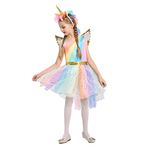 GALPADA Mädchen Einhorn Kleid Für Weihnachten Und Halloween Buntes Kinderkostüm Mit Flügeln Und Kopfbedeckung Ideal Für Karneval Und Kinderpartys Größe L 120 von GALPADA