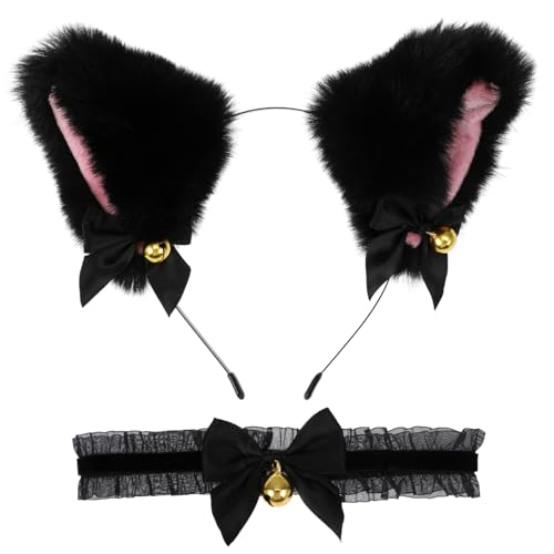 GANAZONO Katzenohren Haarreifen Set Mit Glöckchen Und Schwarzem Spitzenkragen Cosplay Zubehör Für Karneval Party Fasching Damen Kostüm Katzenohren Stirnband Für Kreative Looks von GANAZONO