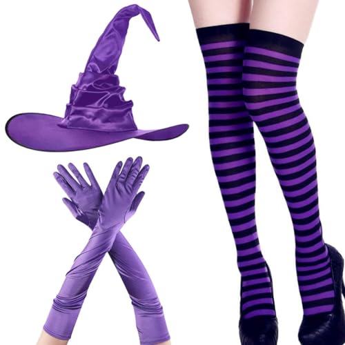 GANYKQ Halloween-Hexenkostüm, Hut, Handschuhe, Socken, Set, Party, Damen, gerüschter Zaubererhut, Unisex, Hexenkappe, Cosplay-Kostüm-Zubehör von GANYKQ