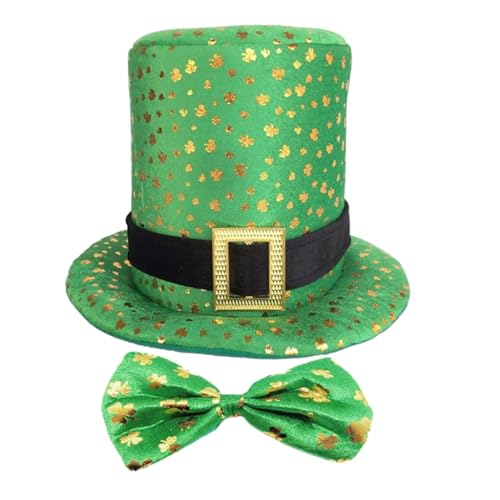 GANYKQ StPatrick Day Celebration Green Hat Bowtie Festival Motto Party Gold Stamping Hat Shamrock Top Hat Irish Accessories von GANYKQ