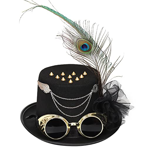 GAOINTELL Steampunk Zylinder mit Feder Brille Steampunk Bowler Zylinder Hut Kostüm Zubehör Karneval Nachtclub Bowler Zylinder von GAOINTELL