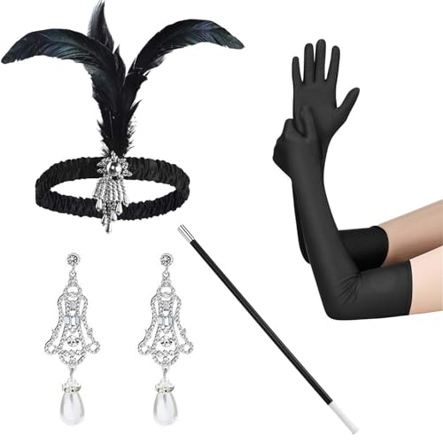 GAOINTELL Vintage 1920er Jahre Flapper Damen Kostüm Zubehör Set Federn Stirnband Satins Handschuhe Ohrringe für Cocktail Party Frauen Zubehör Satins Handschuhe von GAOINTELL