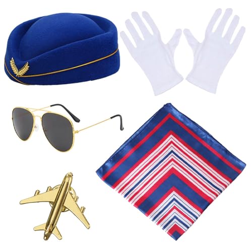 GAOSHA Stewardess-Hut für Erwachsene, Kopftücher, Sonnenbrille, Handschuhe, Brosche, Set, Karneval, Frau, Stewardess-Hut für Halloween-Fotografie von GAOSHA