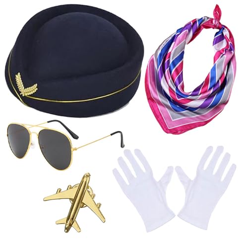 GAOSHA Stewardess-Hut für Erwachsene, Kopftücher, Sonnenbrille, Handschuhe, Brosche, Set für Karneval, Frau, Stewardess-Hut für Halloween-Fotografie von GAOSHA