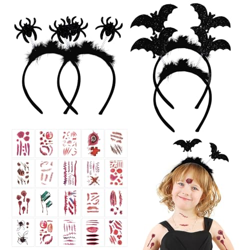 GAROMIA 2 Fledermaus Haarreifen 2 Spinne Headband 20 Narben Tattoo Bat Headband Vampir Haarreifen Cospaly Gothic Stirnband für Kinder Erwachsene Karneval Fasching Party von GAROMIA