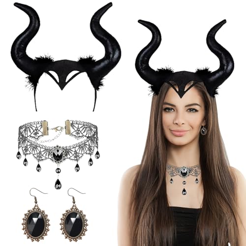 GAROMIA 2 Hörner Kopfschmuck Halloween Haareif Horn Kopfbedeckung Gothic Retro Spitzenhalskette Teufelhörner Königin Hörner Kostüm Schwarz maleficent Haarband Stirnband Teufel von GAROMIA