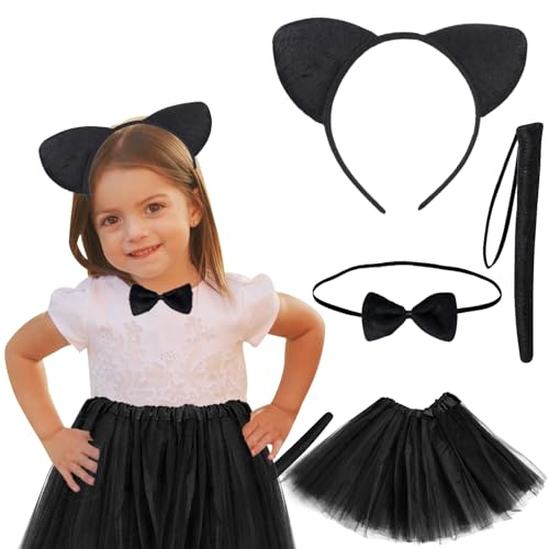 GAROMIA 4 Stück Katze Kostüm Mädchen Katzenohren Haarreif Katzenschwanz Kostüm Tüllrock Schwarz Handschuhe Fliege Tierkostüm Set Faschingskostüme Kinder Mädchen Party Cosplay von GAROMIA