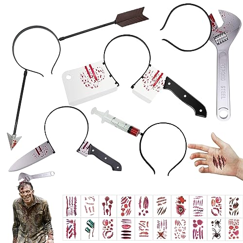 GAROMIA 5 Halloween Haarreifen Blutige Mit 20 Scars Tattoo Horror Haarreif Halloween Kostüm Accessoire Set Halloween Haarreif Horror Haarreif Dekorieren für GruselkostüM Zombie für Halloween Party von GAROMIA