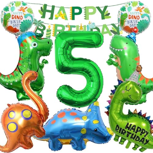 GAROMIA Dino Ballons Geburtstag 5 Jahre Dino Geburtstag Dinosaurier Ballon Deko Kindergeburtstag XXL Folien Dinosaurier Luftballons mit Happy Birthday Girlande 5 Folienballon für Junge von GAROMIA