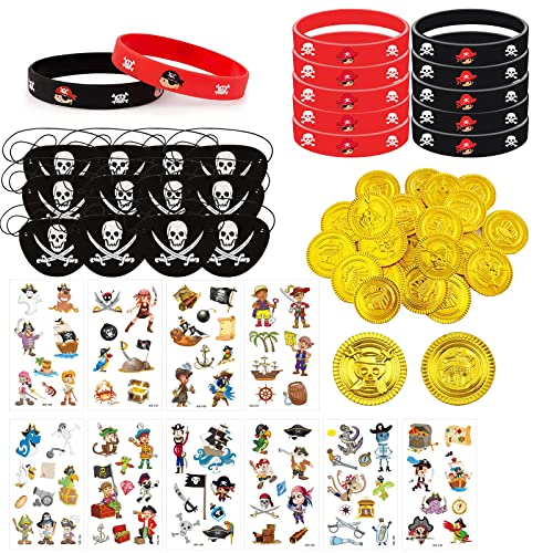 GAROMIA 58 Stück Kindergeburtstag Pirat Set Piraten Deko Kinder Piraten Goldmünzen Piraten Silikonarmbänder Piraten Augenklappe Piraten Tattoos Piraten Accessoires für Kinder Piratenparty von GAROMIA