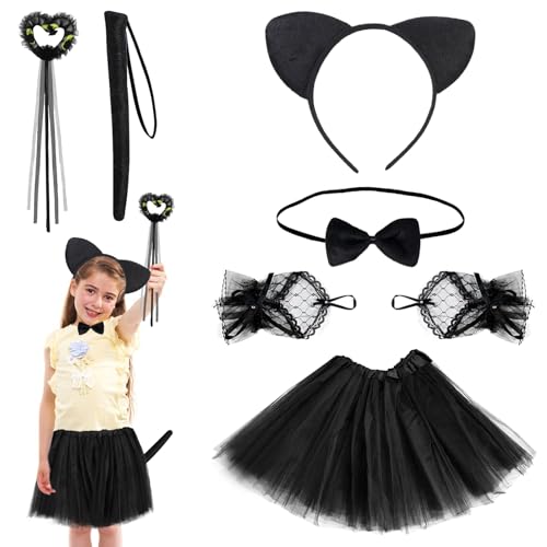 GAROMIA 7 Stück Kostüm für Katze Mädchen Katzenkostüm Kinder Haarreif Katzenschwanz Kostüm Tüllrock Schwarz Handschuhe Fliege Tierkostüm Set Karneval Kostüm Kinder Mädchen Party Cosplay von GAROMIA