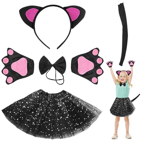 GAROMIA 7 Stück Katzenkostüm Kinder Katzenohren Haarreif Katzenschwanz Kostüm Tüllrock Schwarz Handschuhe Fliege Tierkostüm Set Cosplay Party Faschingskostüme Kinder Mädchen von GAROMIA