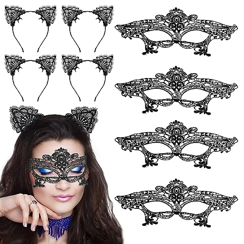 GAROMIA 8 Katzenohren Haarreif Spitze Haarband mit Katzenohren Masken Kostüm Schwarz Spitze Augenmaske Katzen Haarreifen Katzenkostüm Damen für Karneval Halloween Maskenball Kostüm Karneval Party von GAROMIA