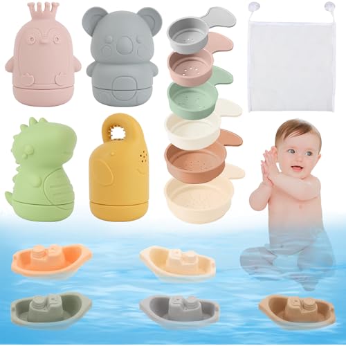 GAROMIA 9 Stück Badewannenspielzeug Set Baby Silikon Wasserspielzeug Spritztiere Badewanne Kleinkinder Badespielzeug Badespielzeug Baby Boot Saugnapf Badespielzeug für Baby ab 18 Monater von GAROMIA