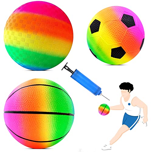 GAROMIA Bouncy Ball 3 Stück Regenbogen Ball Fußball Softball Basketball 8,5-Zoll PVC Bouncy Kickball Kinderspielball für Drinnen und Draußen Kinder Strandball mit Pumpe Kinder Spielball von GAROMIA