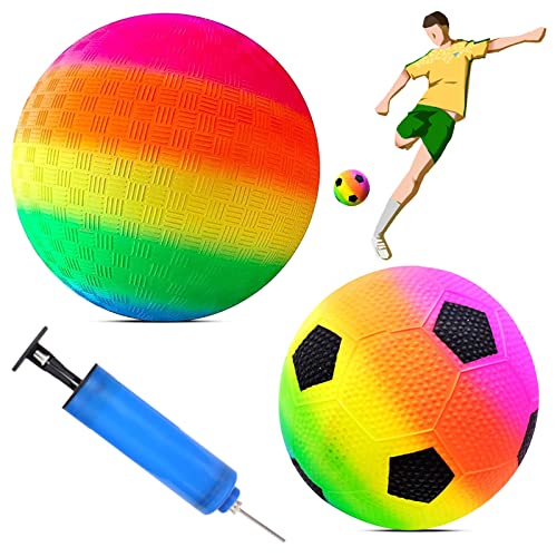 GAROMIA Bouncy Ball 2 Stück Regenbogen Ball Fußball Softball 8,5-Zoll Bouncy Kickball PVC Kinder Spielball Kinderspielball für Drinnen und Draußen Strandball mit Pumpe Regenbogen Ball von GAROMIA