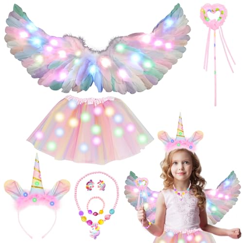 GAROMIA Einhorn Kostüm Kinder Prinzessin Set Bunt Federflügel Engelsflügel Regenbogen Tutu Einhorn Haarreif Flügel Mädchen Einhorn Kostüm für Halloween Cosplay Kindergeburtstag Karneval von GAROMIA