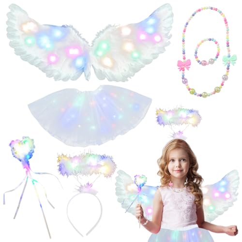 GAROMIA Engel Kostüm Kinder Weiß, Weiß Engelsflügel Kostüm mit Federflügel Engel Halo Stirnband Zauberstab Flügel Kinder Engel Kostüm Damen Cosplay für Halloween Kostüme Party von GAROMIA