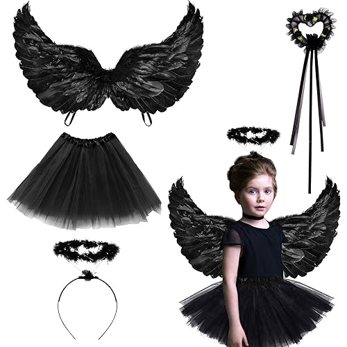 GAROMIA Engelsflügel Schwarz, Engel Flügel Heiligenschein und Tutu Rock Zauberstab Federflügel Engels Flügel Kostüm Halloween Party Kostüm für Kinder Erwachsene Cosplay Fasching Kostüme Deko von GAROMIA