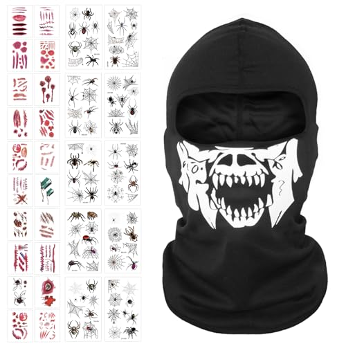 GAROMIA Halloween Skelett Maske 30 Halloween Tattoo Schädel Gesichtsabdeckung Skelett Schädel Gesichtsmaske Spandex Kopfmaske Schwarz Vollgesichtsmaske für Halloween Party Kostüm Cosplay von GAROMIA