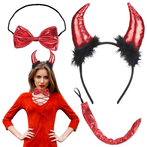 GAROMIA 3 Teufelshörner Kostüm Set Teufel Kostüm Teufelsschwanz Fliege Devil haarreifen Teufel Teufel Hörner Haarreif Set Teufelshörner Kostüm Zubehör für Erwachsene Karneval Halloween Party von GAROMIA