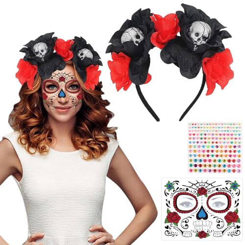 GAROMIA Tag Der Toten Haarreif mit Halloween Gesicht Tattoos Rose Floral Skelett Mexikanischen Stirnband Blumen Kronen Stirnband Rosen für Karnival Fasching Halloween Kostüm Accessoires von GAROMIA